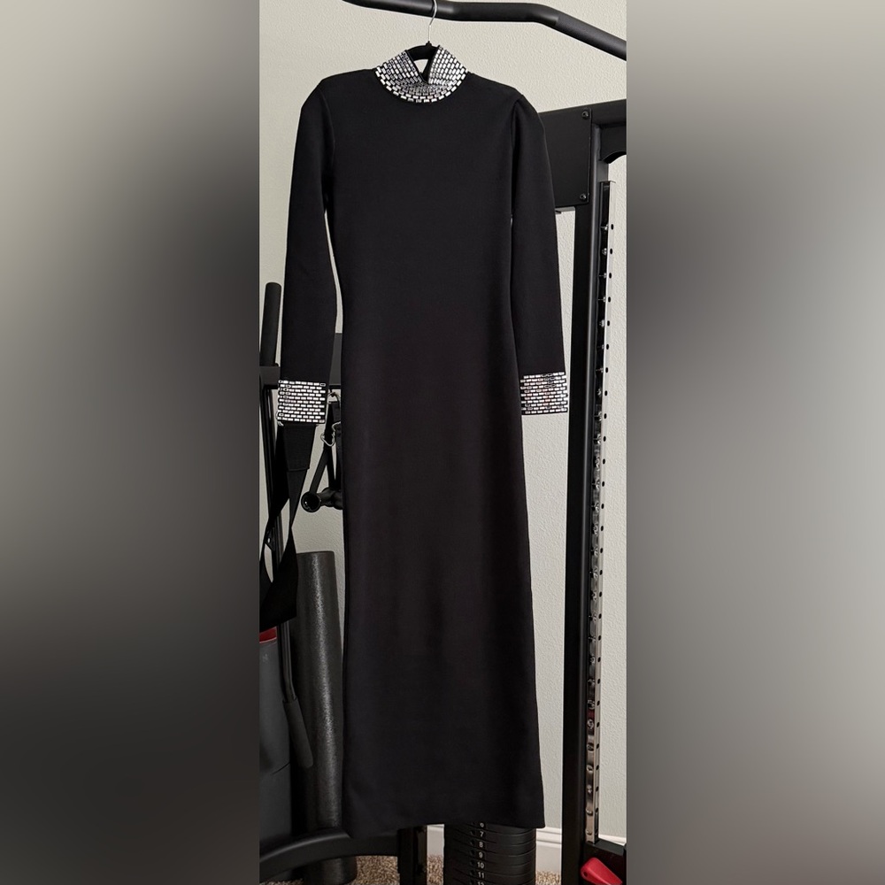 Retrofete Black Long Sleeve Maxi Dress with Crystal Collar and Cuffs